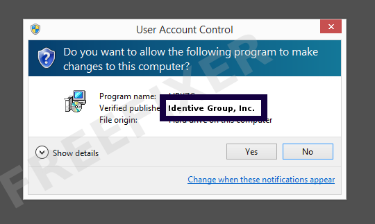 Screenshot where Identive Group, Inc. appears as the verified publisher in the UAC dialog